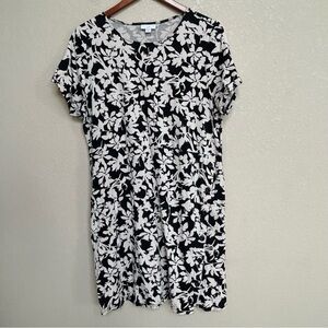 J.Jill Women’s Black White Floral Knit Shift Dress Large Petite Pima Stretch